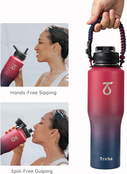 Trebo 40 oz Water Bottle Insulated Fit Car Cup Holder with Handle, Stainless Steel Water Bottles Tumbler with Spout Straw Lids, Double Wall Travel Reusable Flask, Leakproof Mug,Keep Cold &Hot,Black