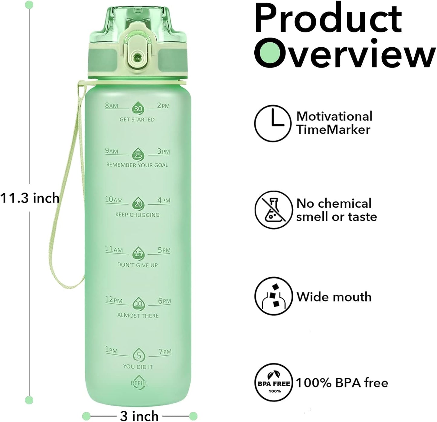 32oz Water Bottle with Time Marker, Motivational Drinking Bottle with Strap, BPA-Free Leak-Proof, Encouraging Water Bottle Time to Drink Water for Gym School Office Travel