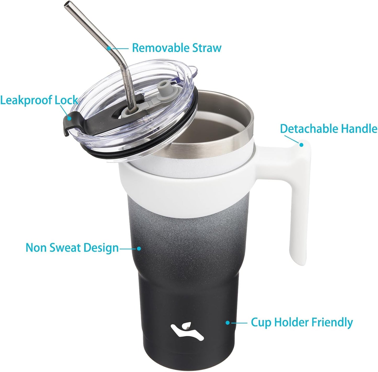 Konokyo 20 oz Tumbler with Handle and 2 Straw 2 Lid, Insulated Water Bottle Stainless Steel Vacuum Cup Reusable Travel Mug,Black