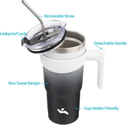 Konokyo 20 oz Tumbler with Handle and 2 Straw 2 Lid, Insulated Water Bottle Stainless Steel Vacuum Cup Reusable Travel Mug,Black