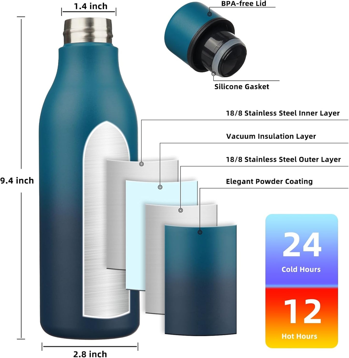 BJPKPK Insulated Water Bottles, 18 oz Stainless Steel Metal Water Bottle with Strap, BPA Free Leak Proof Jugs, Mugs, Flasks, Reusable Thermal Flasks for Sports & Travel, Black - Colors B