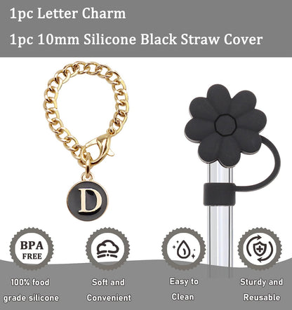 Stanley Cup Accessories, 1pc Flower Stanley Straw Cover Silicone Straw Topper for Stanley 30&40 oz Tumbler with Handle and 1pc Initial Letter Charm for Stanley Cup (Letter D)