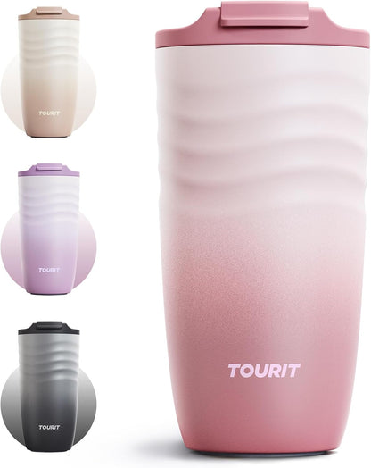 TOURIT 16 oz Travel Coffee Mug, Vacuum Insulated Stainless Steel Tumbler with Ripple-Wave Anti-Slip Grip, Built-in Silicone Bottom for Quiet & Stable, Leak-Proof Lid, Fits Car Cup Holder, Khaki