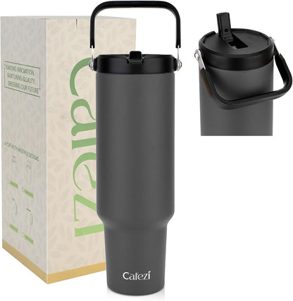 40 oz Insulated Tumbler with Top Handle and Flip Straw, Vacuum Insulated Stainless Steel Cup with Leak-Proof Lid, Sweat-Free, Fits Cup Holder, Keeps Ice Cold up to 30 Hours
