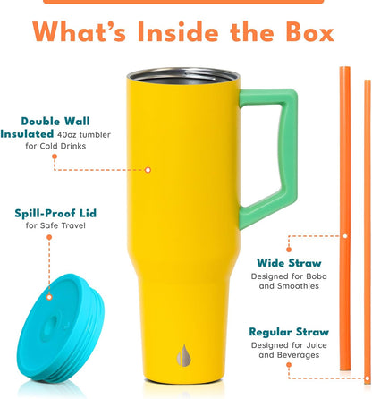 Elemental 32 oz 100% Leak Proof Tumbler with Handle & Straw - Stainless Steel Double Wall Insulated Tumbler for Hot and Cold Beverages - Travel Coffee Mug with Sip & Straw Lid - White - Colors A