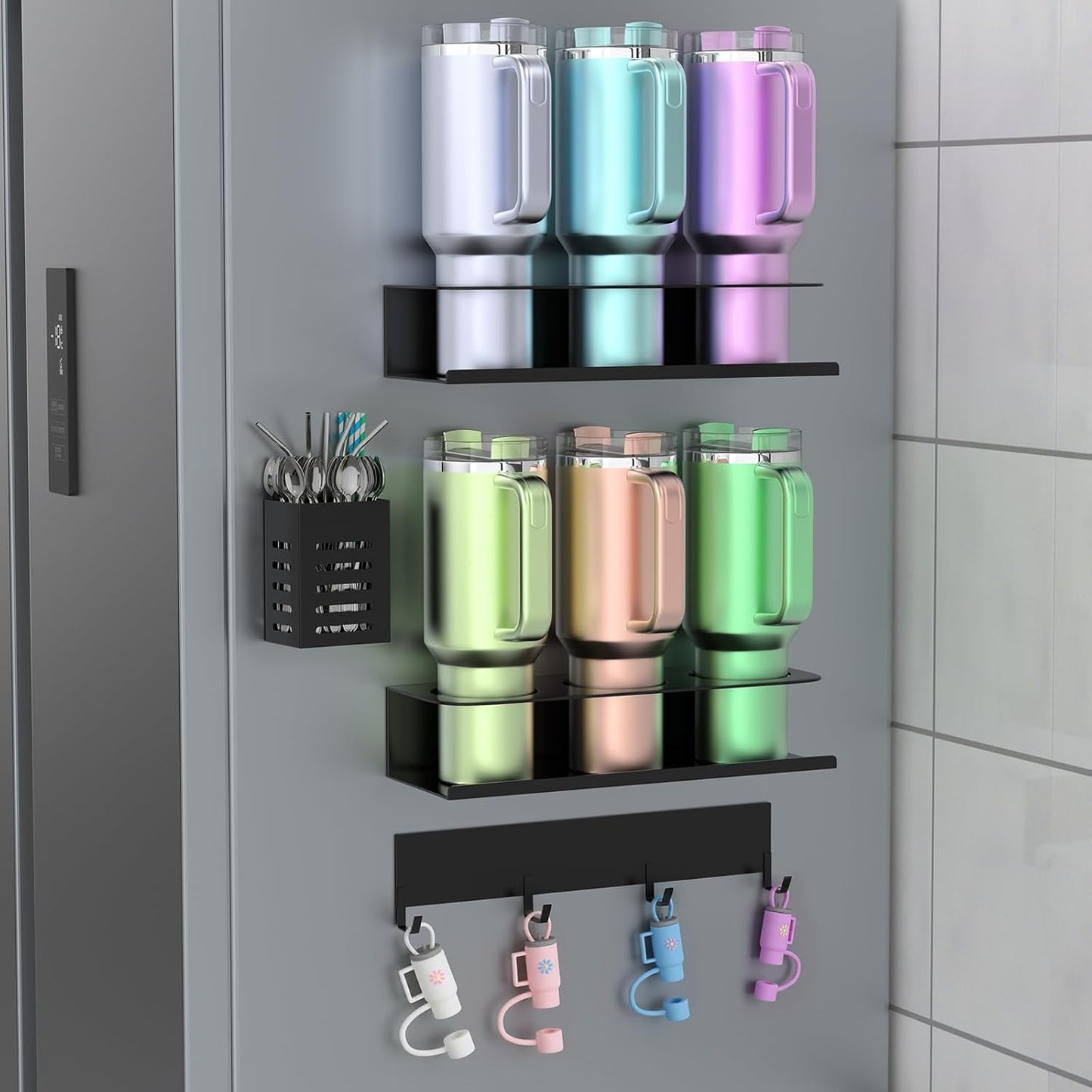 POLRAI 2 Pack Magnetic Stanley Cup Holder for Fridge, Water Bottle Organizer for Tumbler with Double Sided Tape Hold Stanley Cup Accessories for Kitchen Cabinet Wall