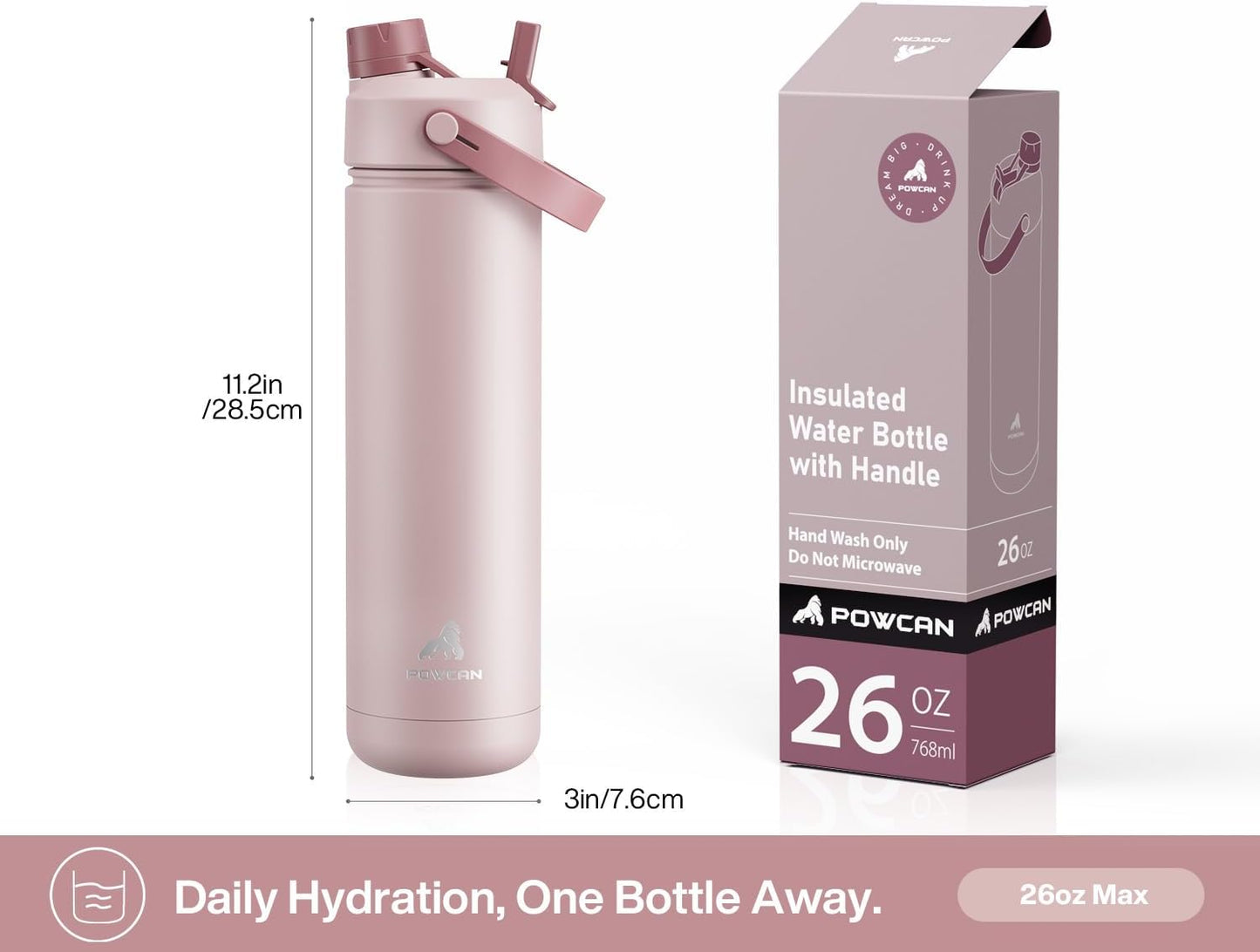 POWCAN 26 oz Insulated Water Bottle with 2-in-1 Straw and Spout Lid, Keep Cold 24H, Leak-Proof, Fits in Car Cup Holder, Stainless Steel Water Bottle for Sports, Travel, and School (Mint)