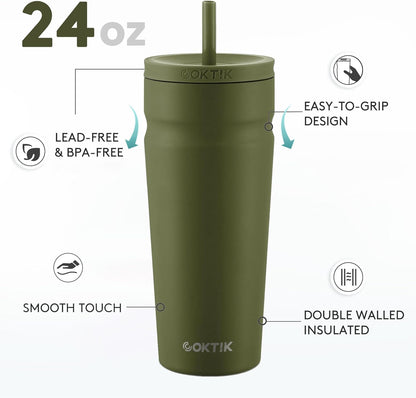 COKTIK 24oz Insulated Tumbler with Lid and Straw Iced Coffee Cup Reusable Stainless Steel Travel Mug Water Bottle Cupholder Friendly for Women Men Her Him (Blush)