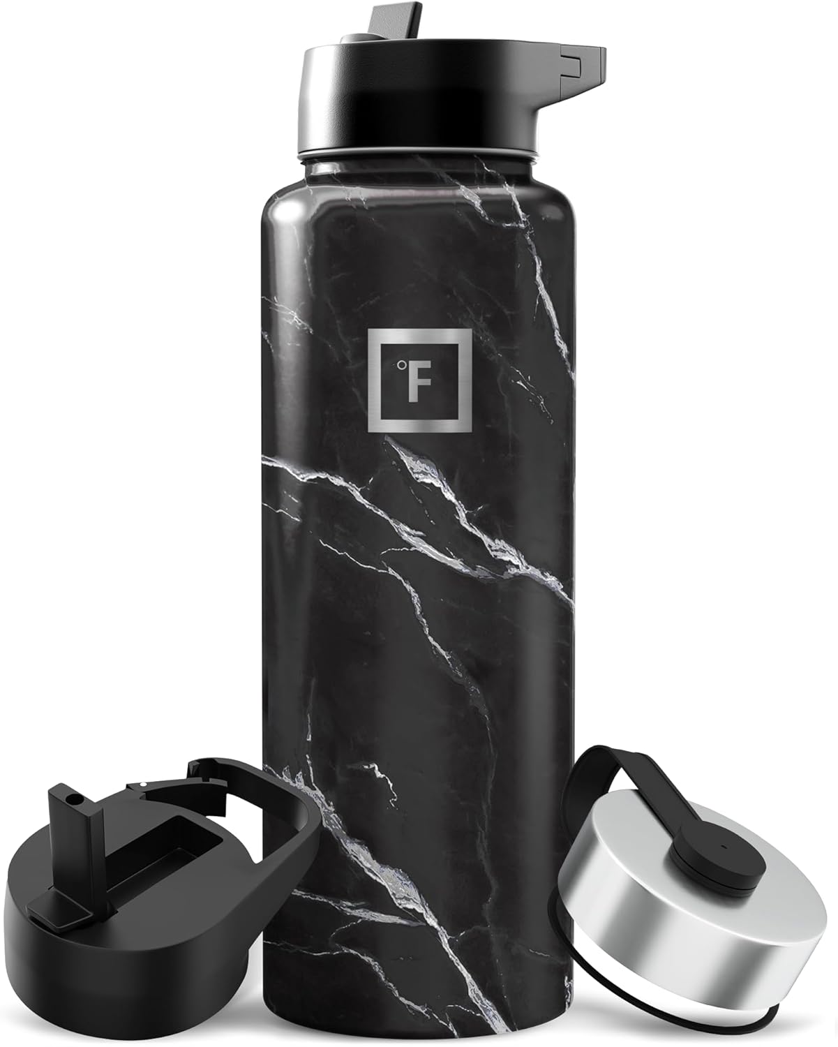 IRON °FLASK Camping & Hiking Hydration Flask with Straw, Wide Mouth Insulated Stainless Steel Sports Water Bottle - 40 oz Midnight Black