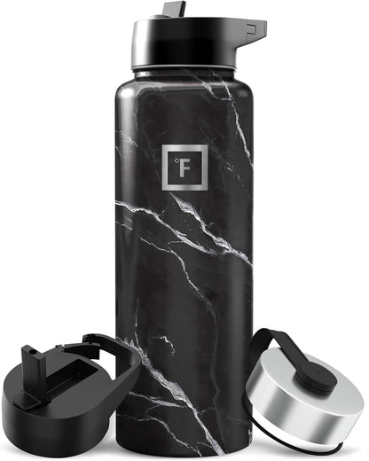 IRON °FLASK Camping & Hiking Hydration Flask with Straw, Wide Mouth Insulated Stainless Steel Sports Water Bottle - 40 oz Midnight Black