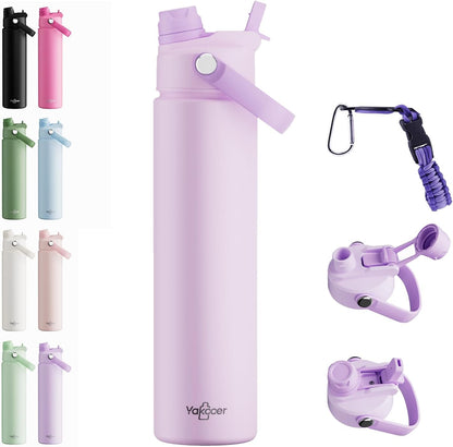 26oz Insulated Water Bottle with 2-in-1 Straw and Spout Lid, 304 Stainless Steel Water Bottle Keep Cold for 24H,Leak-Proof,Sports Water Bottle with Braided Carry Strap for Gym,Travel,Outdoors,Black