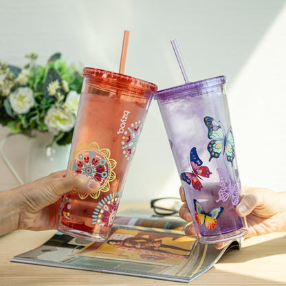 bzyoo SIP 24oz (710ml) Double Wall Plastic Tumbler with Lid and Straw Cold Drink Travel Mug Reusable Party Cup Perfect for Office Ice Coffee or Tea and Gift Color: Pink & Purple
