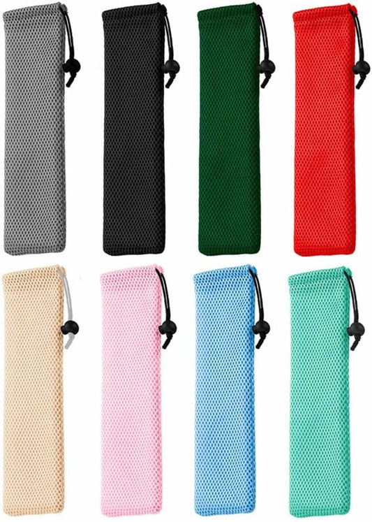 8 Pcs Portable Cutlery Bag Straw Carrying Case Cutlery Drawstring Net Bag Tableware Storage Pouch Travel Bag for Straws, Knife, Fork, Spoon, Chopsticks, Cleaning Brush