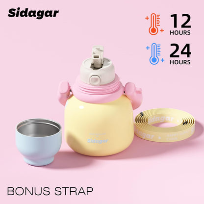 22 oz Water Bottle with Straw and Bowl, Unique Insulated Stainless Steel Tumbler, Spill-proof Reusable BPA-Free Cup, Pilates Wellness Study Travel, with Bonus Strap - Chocolate Black