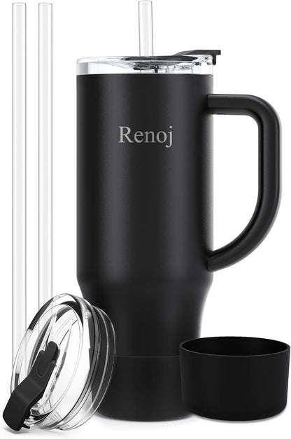 Renoj Insulated Mug 100% Leak Proof Insulated Water Bottle for Iced Coffee & Hot Drinks - Fits Car Cup Holder, Ideal Gift, 2 Straws & Silicone Boot - SnapShift Pink 32 oz