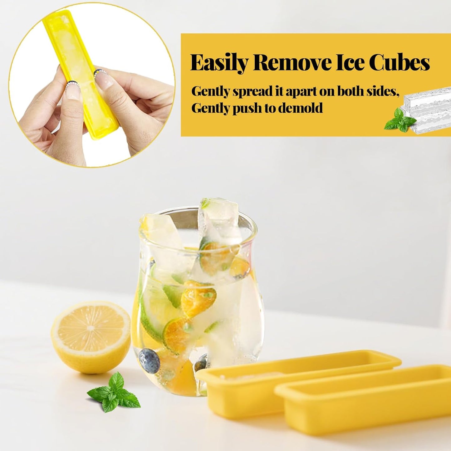 24 Pcs Water Bottle Ice Cube Trays for Freezer with Lid, Long Ice Cubes Narrow Mold Freezer Containers Flexible, Dishwasher Safe, Easy Release for Sports, Soda, Bottled Beverages(Yellow-24Pcs)