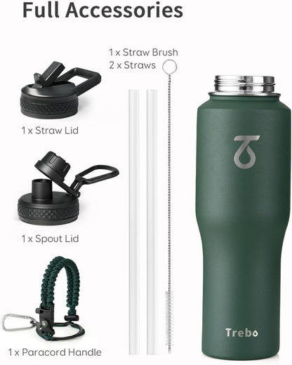 Trebo 40 oz Water Bottle Insulated Fit Car Cup Holder with Handle, Stainless Steel Water Bottles Tumbler with Spout Straw Lids, Double Wall Travel Reusable Flask, Leakproof Mug,Keep Cold &Hot,Black
