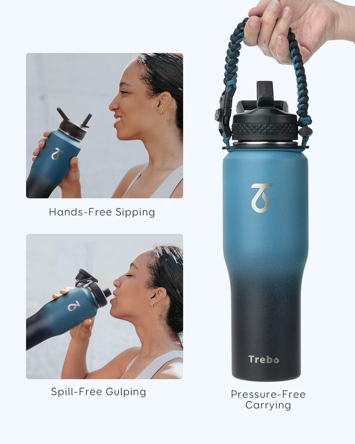 Trebo 40 oz Water Bottle Insulated Fit Car Cup Holder with Handle, Stainless Steel Water Bottles Tumbler with Spout Straw Lids, Double Wall Travel Reusable Flask, Leakproof Mug,Keep Cold &Hot,Black