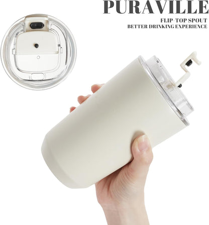 Puraville Insulated Tumblers with Lid, 14 oz Travel Coffee Mug Stainless Steel Vacuum Cup, Leak Proof Reusable Double Walled Coffee Tumbler for Iced and Hot Drinks, Cream