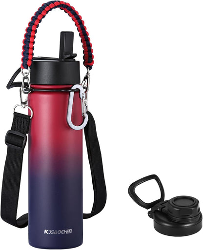 KXIAOCHEN Insulated Water Bottle With Strap, Cold For 48 Hrs Leak Proof, Triple Wall Stainless Steel Sports Water Bottle With Straw And Spout Lid For Gym Hiking Travel