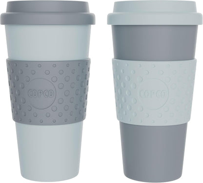 Copco Acadia 16oz Travel Mug with Lid, Set of 2 Double Wall Insulated Tumbler, Non-Slip Sleeve and BPA-Free - Microwave & Dishwasher Safe, Reusable Plastic To Go Travel Coffee Mug (Navy/Blue)