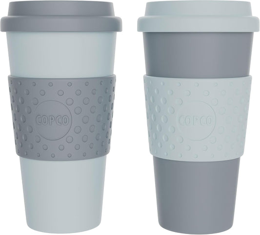 Copco Acadia 16oz Travel Mug with Lid, Set of 2 Double Wall Insulated Tumbler, Non-Slip Sleeve and BPA-Free - Microwave & Dishwasher Safe, Reusable Plastic To Go Travel Coffee Mug (Navy/Blue)