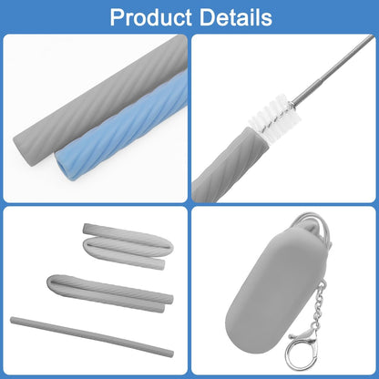 2 Set Silicone Straws with Case, Reusable Travel Straw Cruise Ship Essentials, Foldable Portable Straw + Deep Cleaning Brush + Carry Case with Keychain, for Travel & Party Cold or Hot (Pink & Blue)