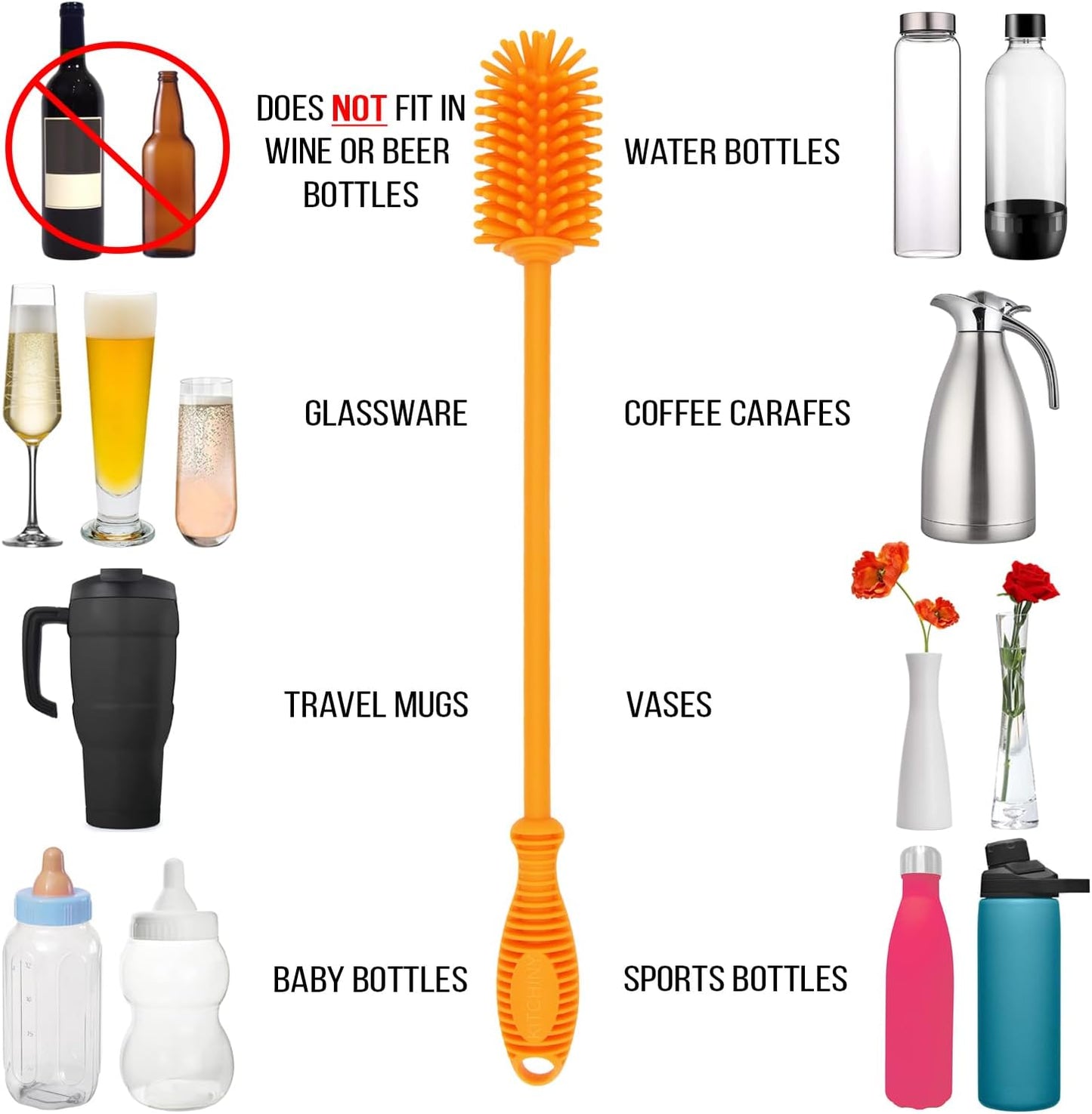 Kitchiny Silicone Bottle Brush with 2 Straw Cleaners - 12.5” Water Bottle Cleaner Brush for Yeti, Hydro Flask, Owala, Stanley, Baby Bottles, Glassware, Vases & Narrow Neck Containers - Orange
