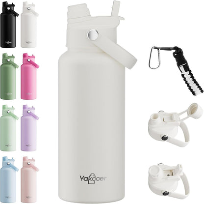 26oz Insulated Water Bottle with 2-in-1 Straw and Spout Lid, 304 Stainless Steel Water Bottle Keep Cold for 24H,Leak-Proof,Sports Water Bottle with Braided Carry Strap for Gym,Travel,Outdoors,Black