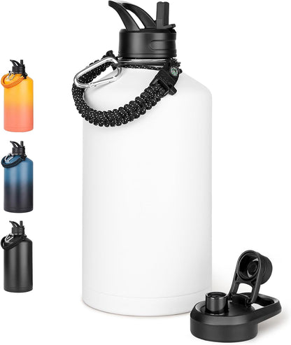 Fijinhom 24 oz Insulated Water Bottle with Handle, 304 Stainless Steel Water Bottles with Wide Mouth, Double Wall Vacuum Sports Water Bottle, BPA Free, Keep Cold and Hot, Black | with Handle