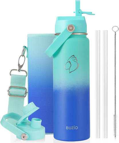 BUZIO 40oz Insulated Water Bottle, Triple Wall Vacuum Stainless Steel Water Flask with 2 lids, Lead-Free BPA-Free Straw Lid Sports Canteen Jug, Cold 48H & Hot 24H- Black - Colors B