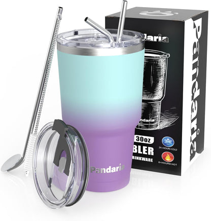 30 oz Travel Coffee Tumbler Cup, Double Wall Stainless Steel Reusable Spill Proof Tumbler with Straw, Leak Proof Insulated Tumbler with Straw for Iced Coffee, Tea & Water (Black)