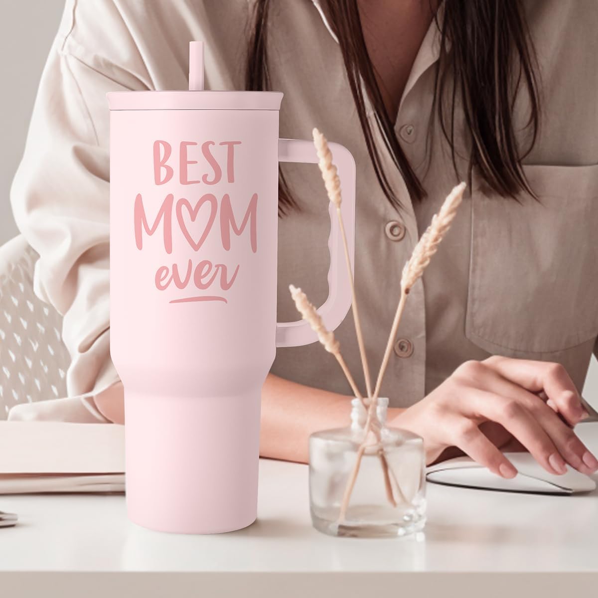 Floral Tumbler with Handle 40oz, Stainless Steel Insulated Tumblers Coffee Travel Mug Cup with Straw, Flower Coffee Cup Gifts for Women Girls, Gift for Her on Christmas Birthday Mothers Day
