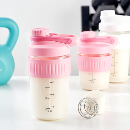 16oz Glass Shaker Bottle for Protein, Small Borosilicate Glass Protein Powder Leak-Proof Shaker Cup Mixes with 304 Blending Ball(16oz,Black)