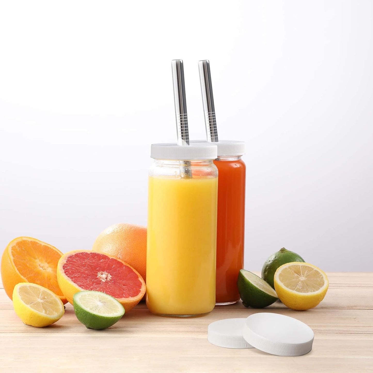8 Pack 16OZ Glass Juice Bottles with 8 Airtight Lids & 2 Straw Lids & 2 Straws - Freezable Juice Container, Travel Juicing Jars, Drinking Water Cups - Reusable Tall Mason Jar for Tea, Juice, Smoothies
