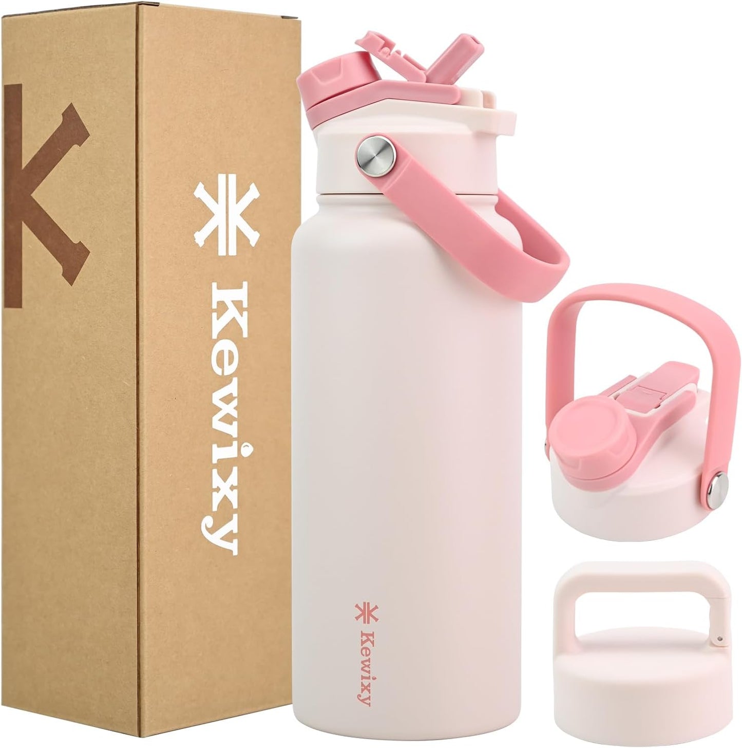 KEWIXY 32 oz Insulated Water Bottle, 2-in-1 Lid, Straw & Spout with Protected, Leak Proof, Keep Cold, Stainless Steel, Metal, Reusable, Handle, for Outdoor, Gym and School, 2 Lids, Blush Pink