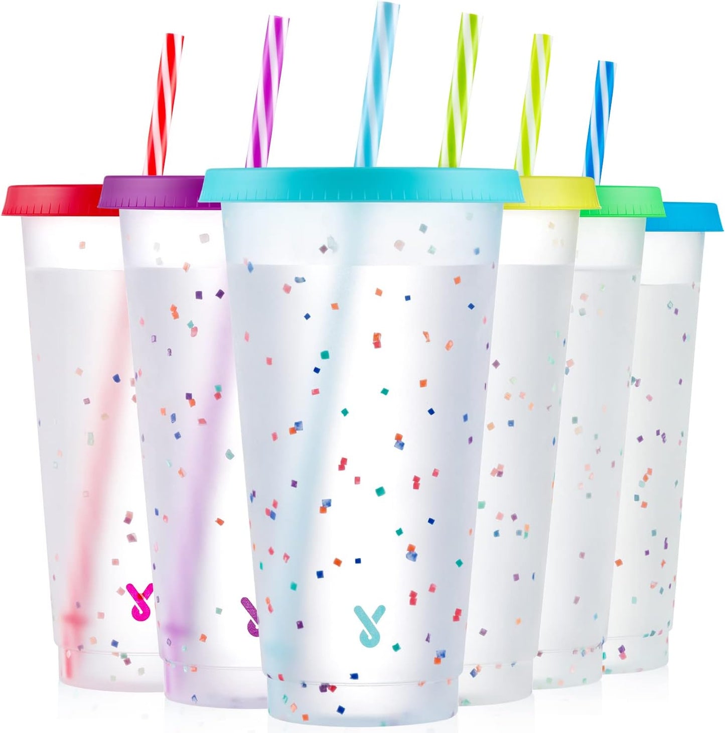 Meoky Confetti Color Changing Cups with Lids and Straws for Iced Coffee, Party, Pool - 6 Pack 24oz Reusable Plastic Tumblers for Kids and Adults