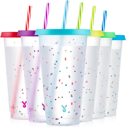 Meoky Confetti Color Changing Cups with Lids and Straws for Iced Coffee, Party, Pool - 6 Pack 24oz Reusable Plastic Tumblers for Kids and Adults
