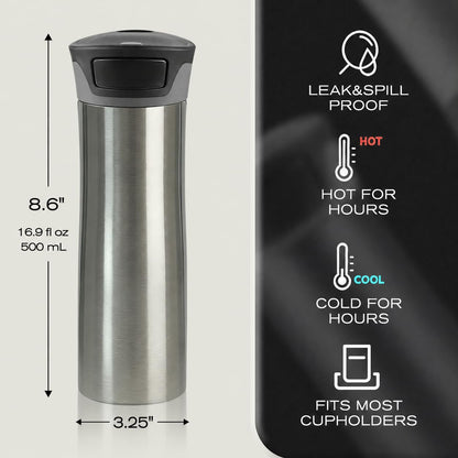 17 oz / 500 ml Travel Coffee Mug, One-Handed Pink Insulated Coffee Tumbler with Lid, Leak Proof Stainless Steel Coffee Cup, Reusable Water Bottle for Office, Car, Travel, Hot Coffee and Cold Drinks