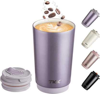 TKK Coffee Cup with Ceramic Coating - 14oz Insulated Stainless Steel Travel Mug, Leak-Proof Tumblers with Straw for Hot/Cold Beverages, Easy Wide Mouth Cleaning, White
