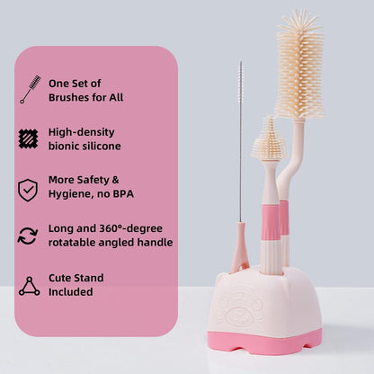 3 in 1 Baby Silicone Bottle Brush Set, Multipurpose Bottle Cleaner, Bottle Brush with Storage Holder, Food Grade Silicone, Effortless Scrubbing, Baby Bottle Cleaning Brush (Green)