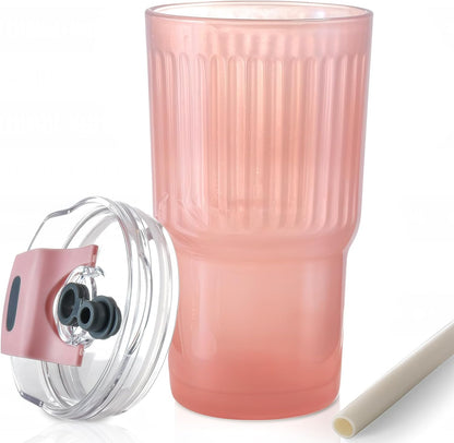 Iced Coffee Cups with Lids: Coffee Bar Accessories - Ribbed Glass Tumbler with Straw and Lid 4Pcs - 20oz Leak Proof Tumbler - Reusable Glass Cups and Tumblers with Lid and Straws for To Go Iced Coffee
