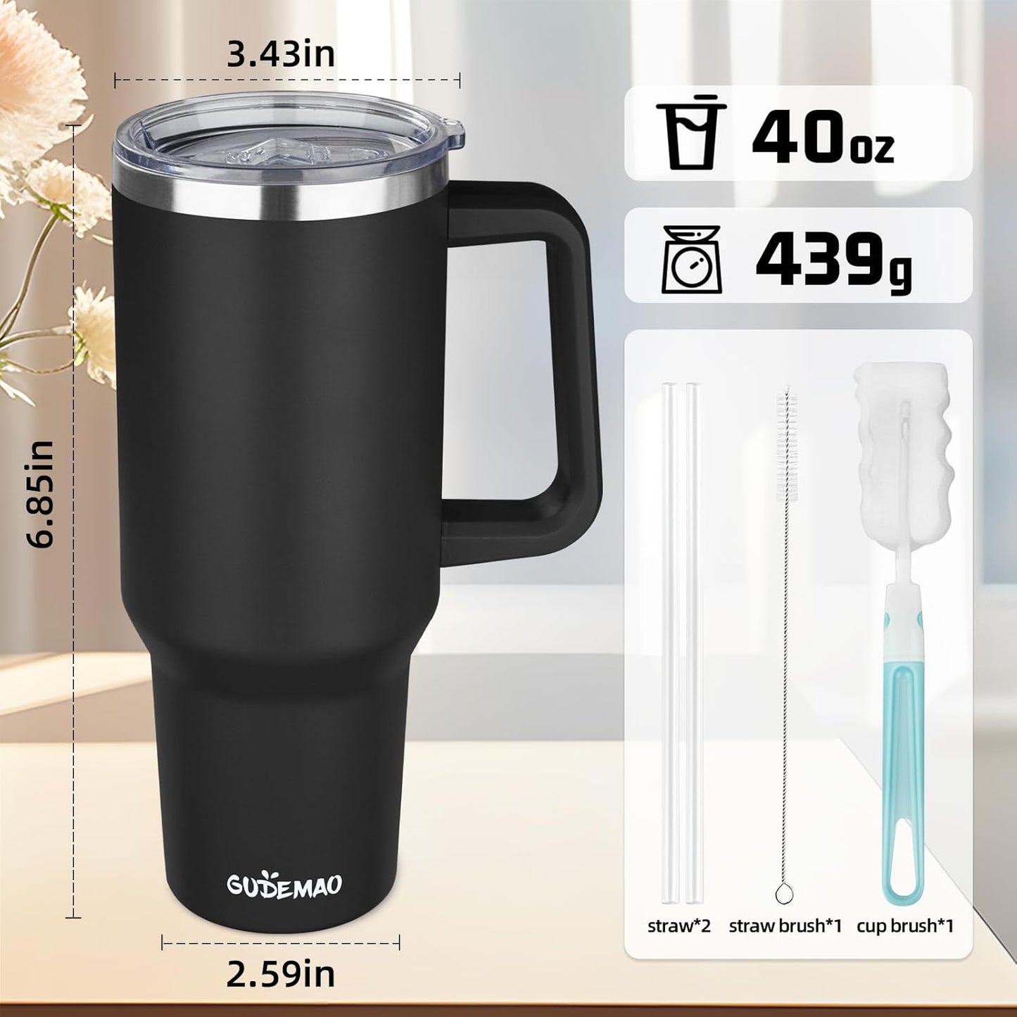 20 oz Insulated Coffee Mug with Ceramic Coating, Stainless Steel Travel Mug Tumbler with Handle Lid and Straw, Double Wall Leak-Proof Coffee Travel Mug Keeps Drink Hot and Cold (Black)