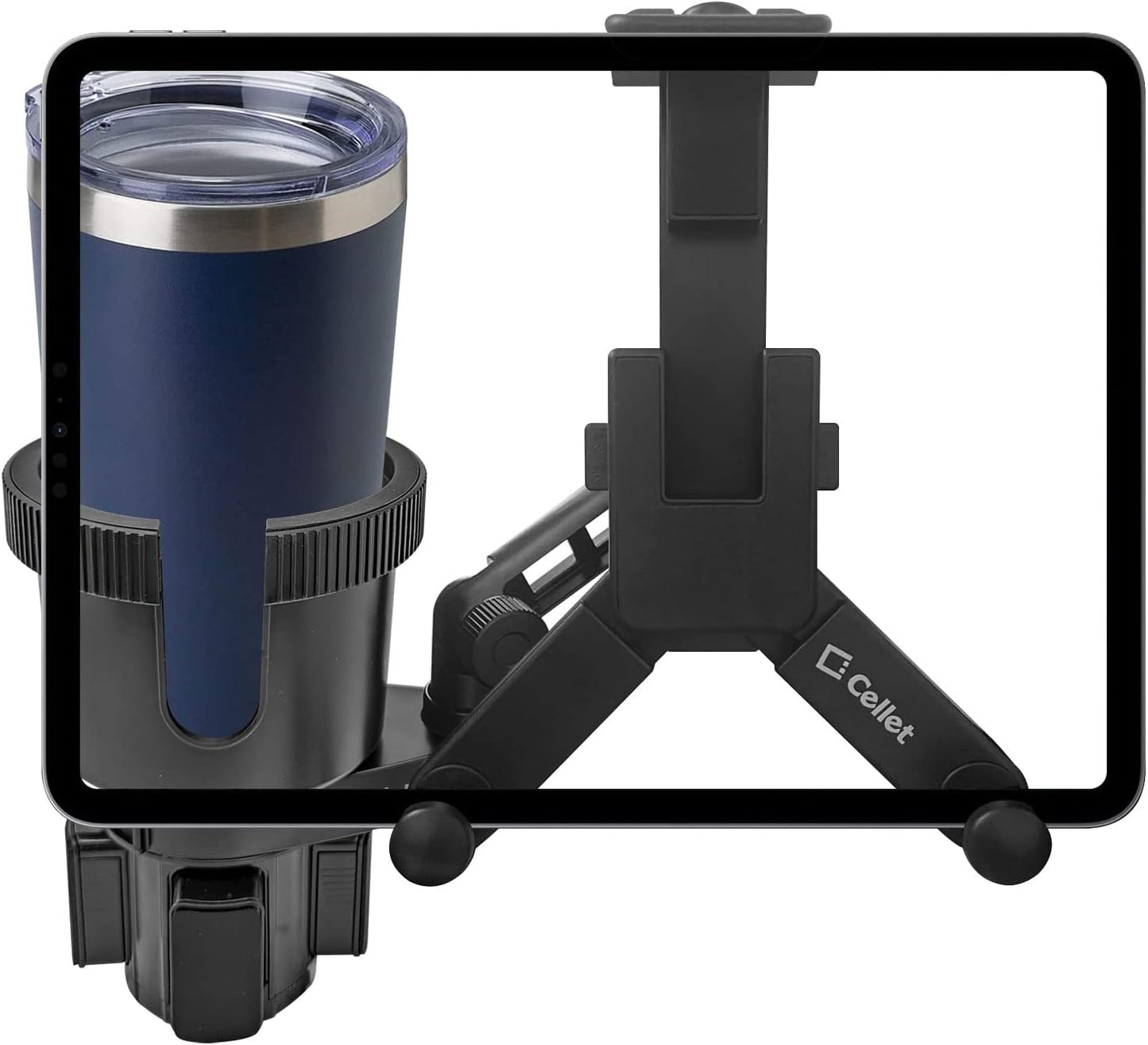 Cellet Cup Holder Tray for Car with Phone Mount – Expandable Base, 360° Rotation Food & Drink Tray with Non-Slip Surface, Adjustable Arm for Eating in Vehicle – Fits Most Standard Car Cup Holders