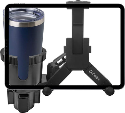 Cellet Cup Holder Tray for Car with Phone Mount – Expandable Base, 360° Rotation Food & Drink Tray with Non-Slip Surface, Adjustable Arm for Eating in Vehicle – Fits Most Standard Car Cup Holders