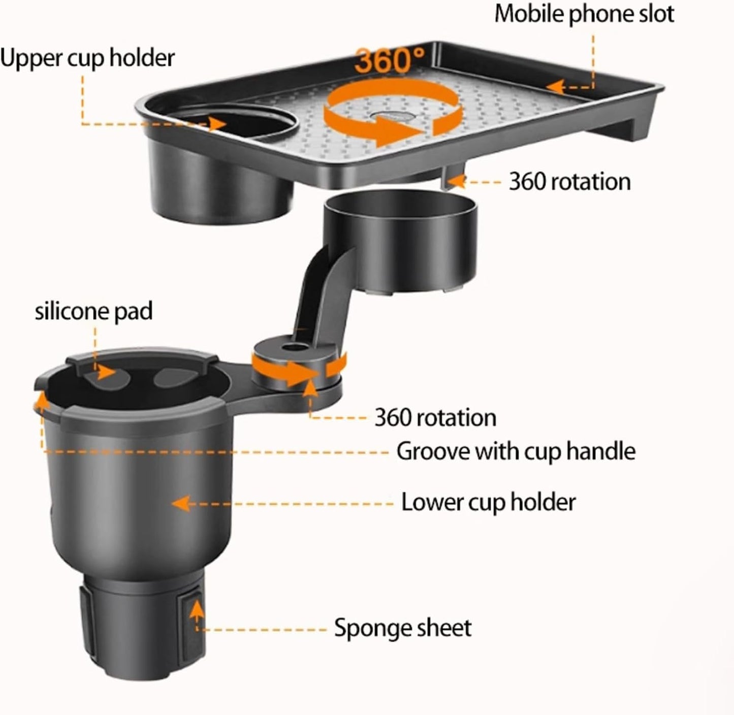 Vehicle-Mounted Multifunctional Water Cup Holder Tray Black Adjustable Cup Holder Dining Plate Expandable Bracket Storage Space-Saving