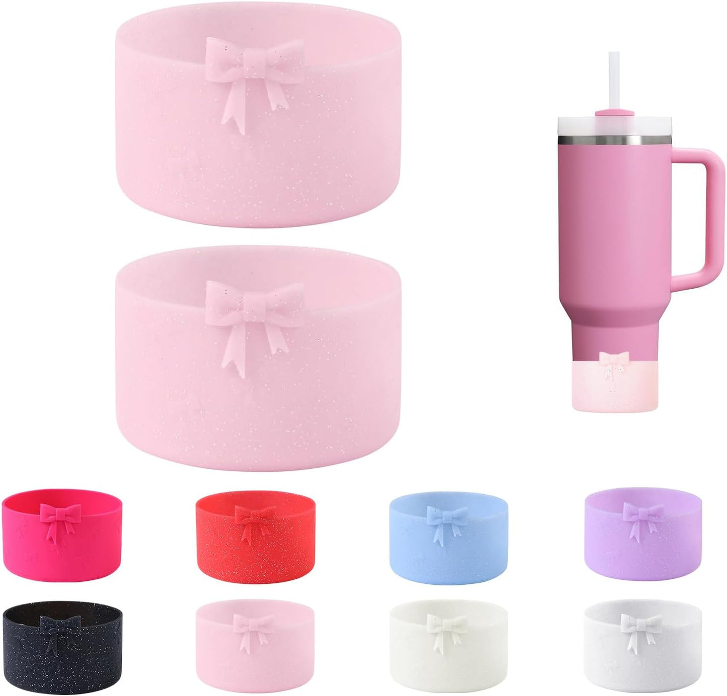 2PCS Bow Silicone Boot for Stanley Quencher Tumbler 30oz 40oz & IceFlow 20oz 30oz& Hydro Flask Water Bottle 12-24 oz Protective Bottom Sleeve Cover for Stanley Cup Accessories& Owala 24oz
