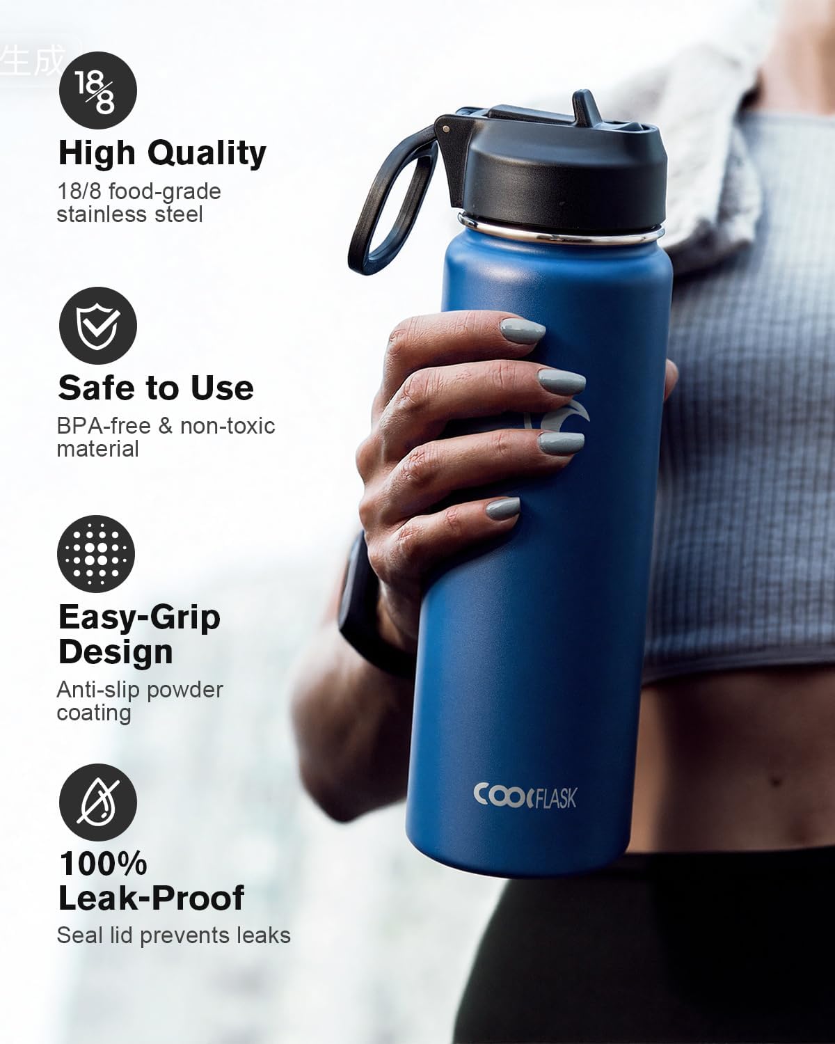 Half Gallon Water Bottle Insulated with Straw & 3 Lids, Coolflask 64 oz Water Jug Large Metal Stainless Steel Wide Mouth for Sports, Gym or Office, Non-BPA Keep Cold 48H Hot 24H, Samurai Cyan