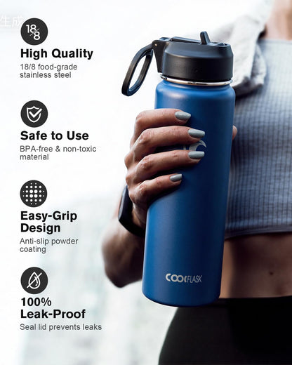Half Gallon Water Bottle Insulated with Straw & 3 Lids, Coolflask 64 oz Water Jug Large Metal Stainless Steel Wide Mouth for Sports, Gym or Office, Non-BPA Keep Cold 48H Hot 24H, Samurai Cyan