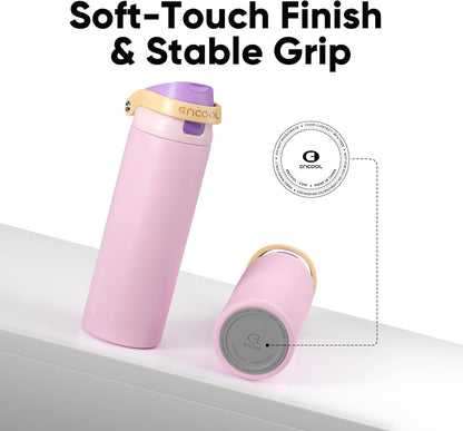 ENCOOL Leakproof Insulated Water Bottle with Straw Dual-Sip Water Bottle Bag-Safe Design for Work, Commute & Gym – Keeps Drinks Cold All Day, 24 oz, Lemonade Pink - Colors B